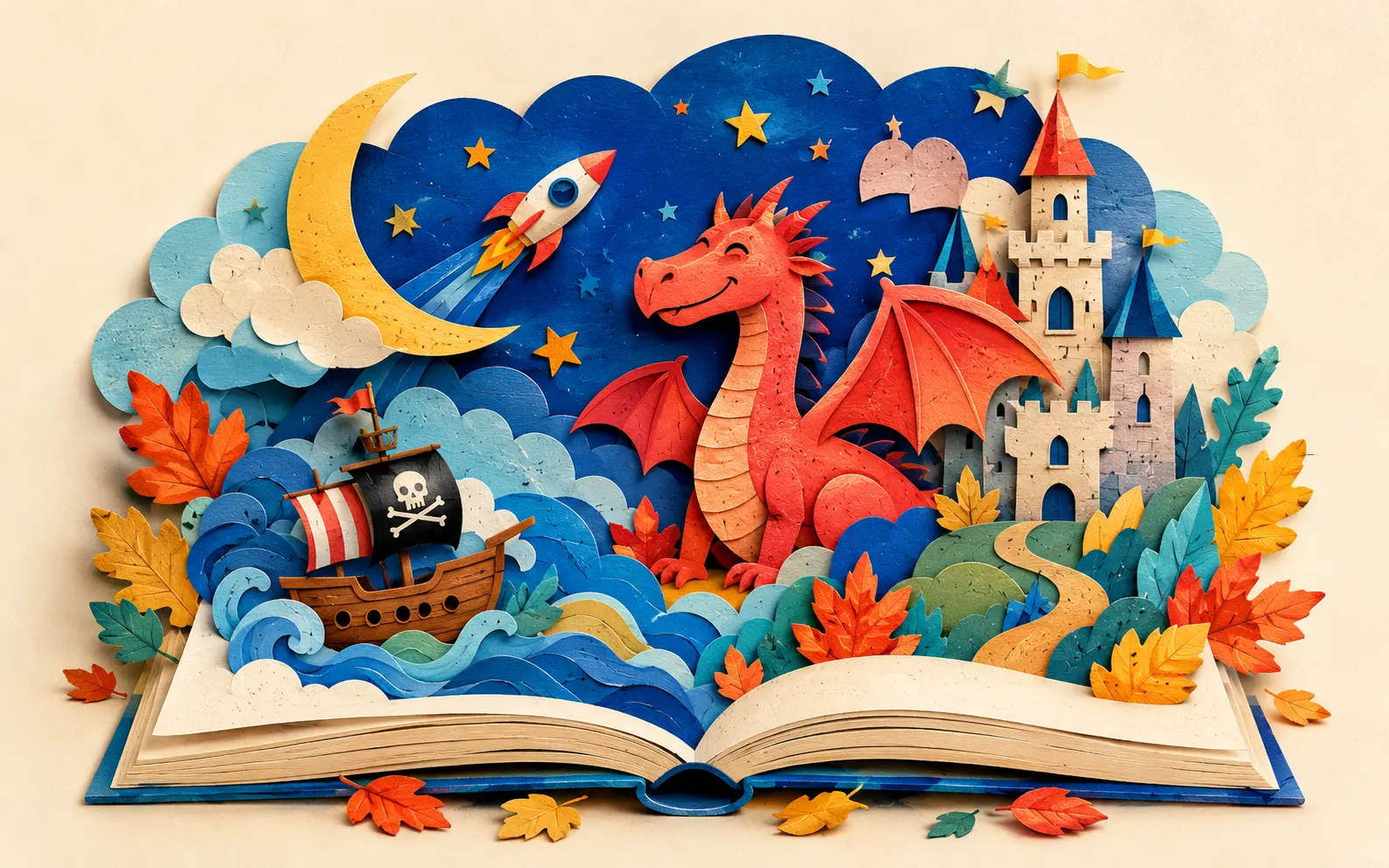 A colourful paper-cut story world bursting from an open book