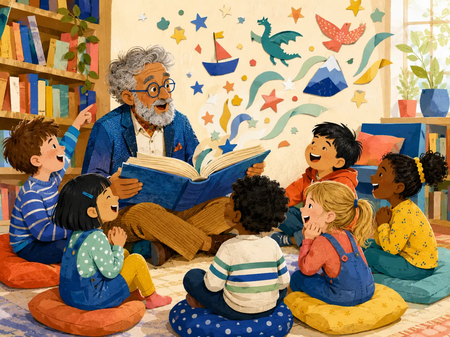 Illustration of a storyteller reading to children in a colourful library